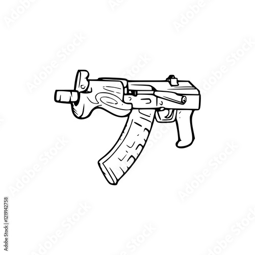 a black and white drawing of a assault rifle isolated on white photo