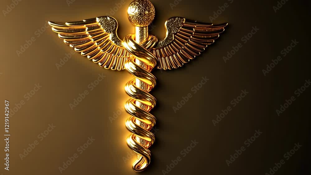 Golden caduceus symbol with wings representing medicine and healing on a dark background