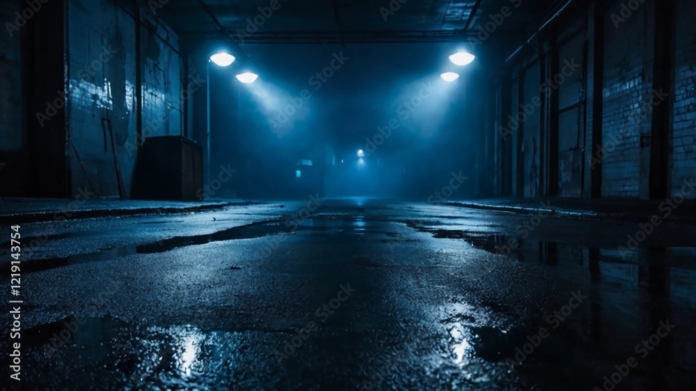 custom made wallpaper toronto digitalDark street, wet asphalt, reflections of rays in the water. Abstract dark blue background, smoke, smog. Empty dark scene, neon light, spotlights. Concrete floor