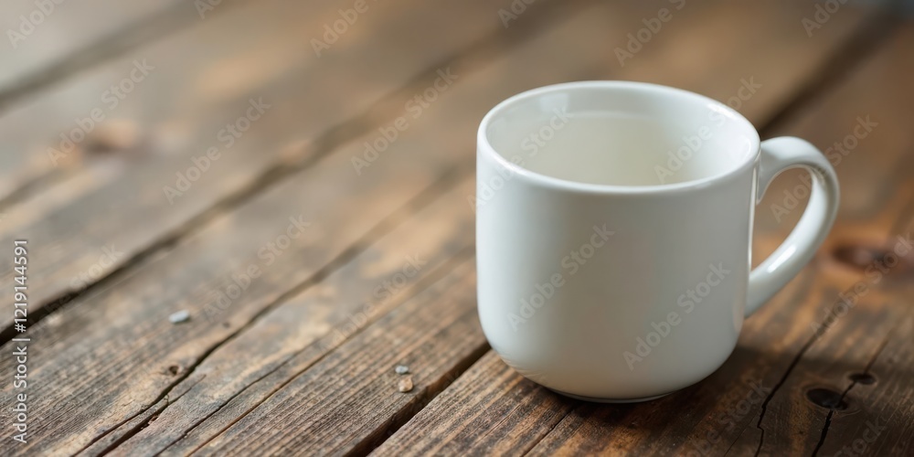 A Simple White Mug Rests on a Rustic Wooden Tabletop, Offering a Clean and Minimalist Aesthetic A Simple White Mug Rests on a Rustic Wooden Tabletop, Offering a Clean and Minimalist Aesthetic