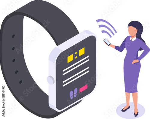 Businesswoman in a purple dress interacts with a large smartwatch and smartphone, illustrating modern wearable technology and connectivity in a digital lifestyle