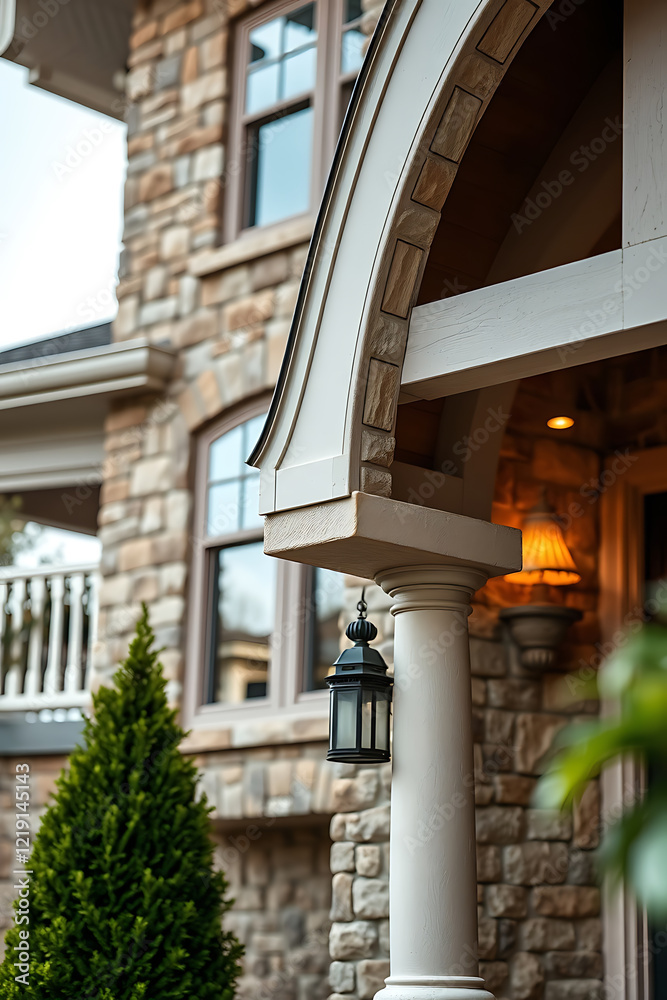 Obraz premium Elegant Stone House Exterior with Classic Porch Design. High-end Real Estate, Luxury Home, Architectural Details, Modern Classic Style