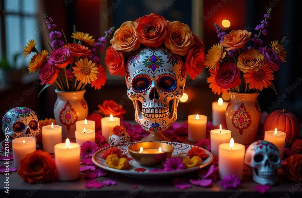 Colorful day of the dead altar with sugar skulls and vibrant flowers Colorful day of the dead altar with sugar skulls and vibrant flowers