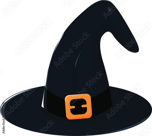 Black witch hat with orange belt illustration in cartoon style vector
