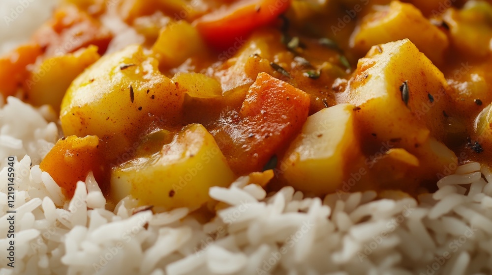 Close-up of rice with rich vegetable curry. Featuring seasonal vegetables in a spicy curry sauce, served over rice. Emphasizing a hearty, rich dish. Ideal for vegetable curry recipes. Close-up of rice with rich vegetable curry. Featuring seasonal vegetables in a spicy curry sauce, served over rice. Emphasizing a hearty, rich dish. Ideal for vegetable curry recipes.