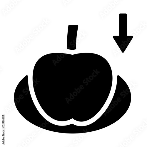an icon depicting nutritional deficiencies, an apple representing nutrition and a downward arrow representing a deficiency
