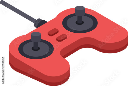 Red drone remote control with antenna and joysticks transmitting signals, controlling unmanned aerial vehicle flight, innovative technology, communication, and wireless connection