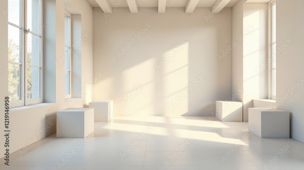 Fototapeta premium Sunlit Empty Room with Minimalist White Cubes and Large Windows