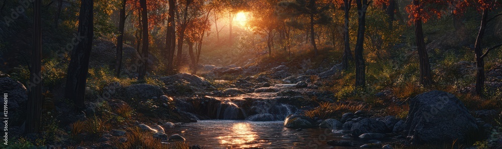 Golden Sunset Illuminates Forest Stream Rocks And Trees Golden Sunset Illuminates Forest Stream Rocks And Trees