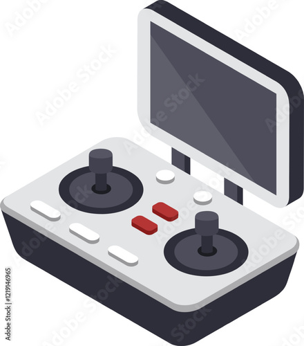 Isometric illustration of a modern drone controller featuring dual joysticks and a built in screen, designed for precise navigation and control in aerial photography and videography