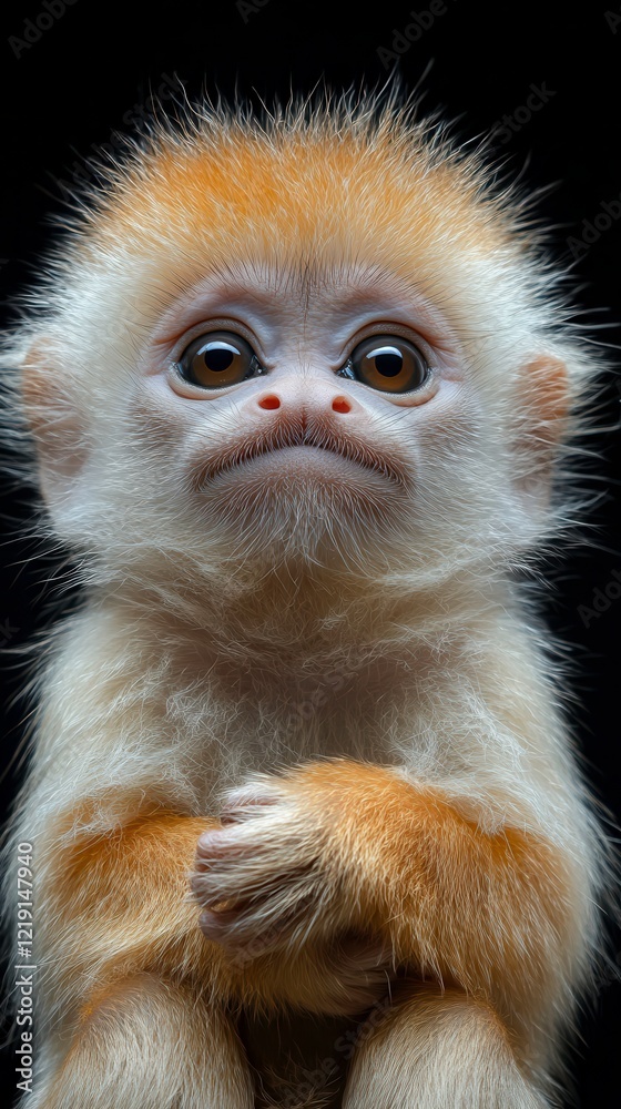 Golden Snub-Nosed Monkey Exhibits Curious Expression From a Top View in a Captivating Portrait. Generative AI
