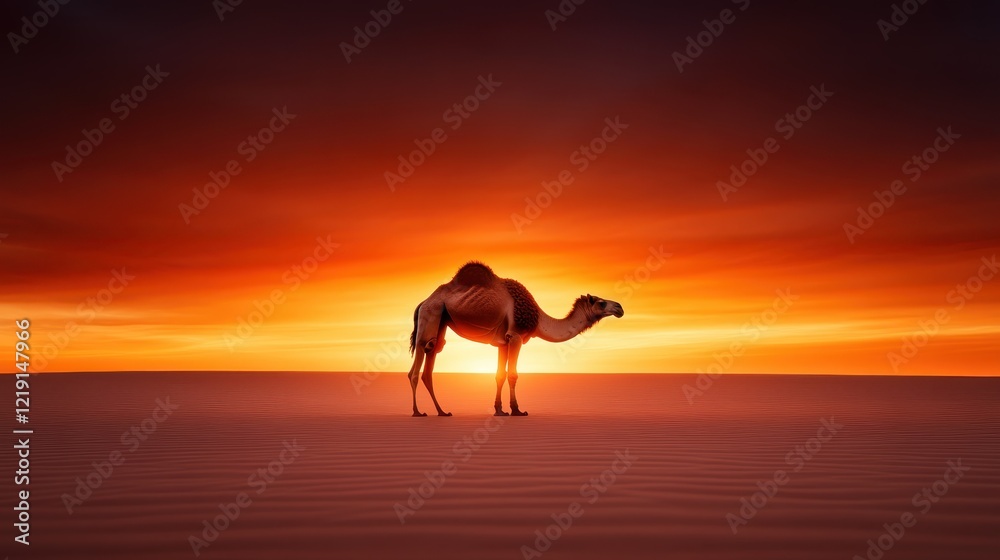 This striking image features a single camel standing alone in the desert at sunset, symbolizing solitude and resilience amidst the breathtaking beauty of nature's palette.