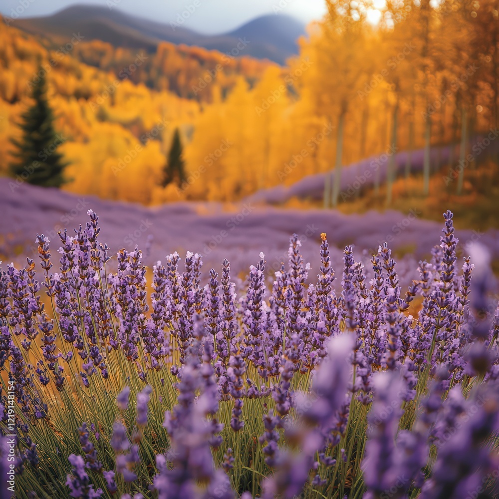 Naklejka premium Autumn lavender field with golden leaves in the background. 