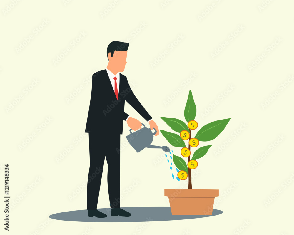 Man in a suit watering a small plant in a pot marked with a dollar sign, representing financial care, savings growth, and investment potential. Simple flat design Man in a suit watering a small plant in a pot marked with a dollar sign, representing financial care, savings growth, and investment potential. Simple flat design