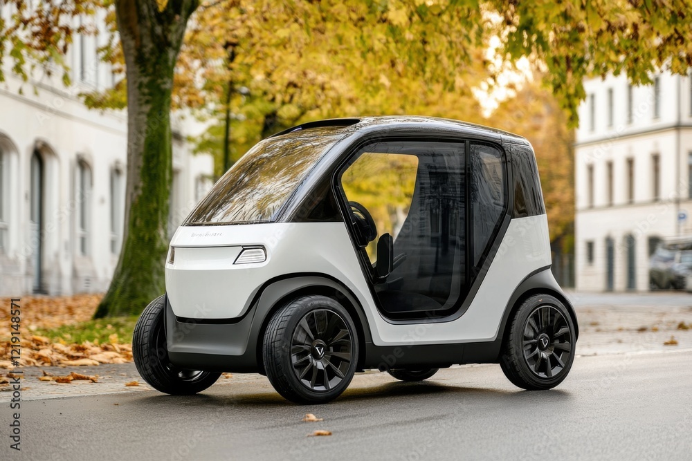 Compact Electric Vehicle Designed for Urban Environments, Showcasing Modern Lines, Innovative Technology, and Eco-Friendly Features Amidst Autumnal Streetscape Compact Electric Vehicle Designed for Urban Environments, Showcasing Modern Lines, Innovative Technology, and Eco-Friendly Features Amidst Autumnal Streetscape