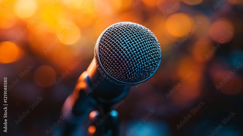 Close-up of a microphone on a stand against a blurred background of warm lights. Close-up of a microphone on a stand against a blurred background of warm lights.