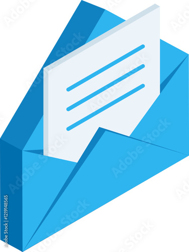 Open blue envelope containing a letter with some writing on it, rendered in isometric projection, representing communication, messaging and mailing