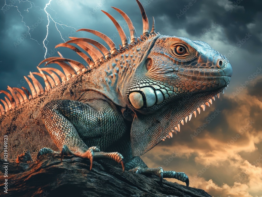 Fototapeta premium Vibrant Iguana Dramatic Lightning Background - Stunning Reptile Photography Wildlife Education