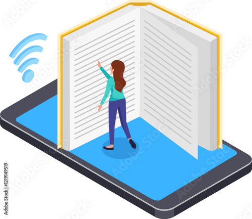 Online education concept featuring a student engaging with a large ebook on a smartphone, utilizing an online library and studying through mobile internet access