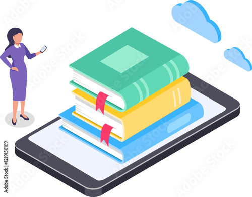 Businesswoman is holding a smartphone while a stack of books rests on a tablet, symbolizing online education and digital library, with clouds representing cloud computing