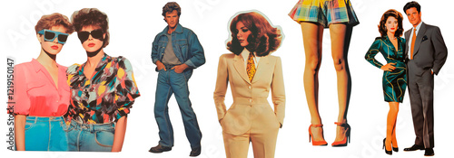 Retro Fashion Collage – Vibrant 1980s Style Featuring Denim, Bold Patterns, Power Suits, and Iconic Looks from the Golden Era of Glamour and Sophistication.