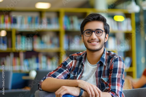 Smiling Young Indian Man Student Library - Education Concept