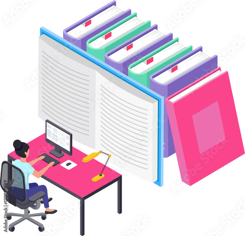 Office worker sitting at a desk, engaging with a computer and desk lamp while studying through an online library filled with giant books in an isometric view