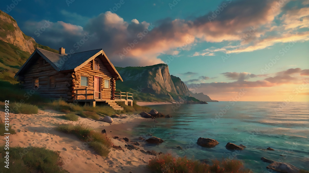 illustration of a serene beach with a cozy log cabin. illustration of a serene beach with a cozy log cabin.
