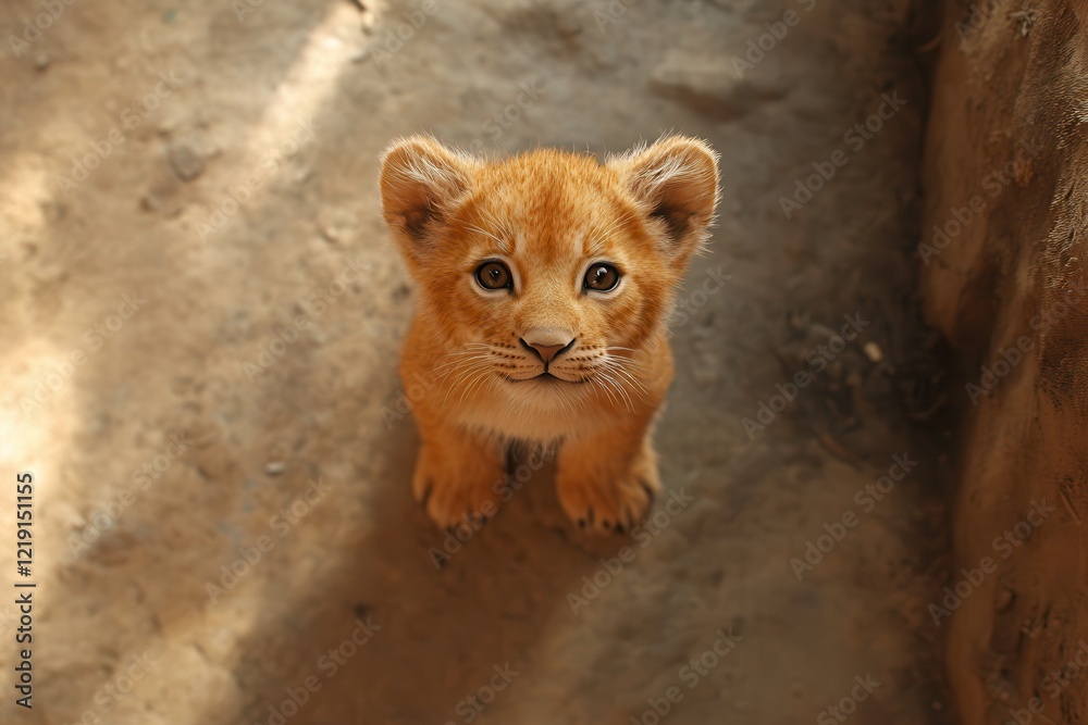 Cute Little Lion Cub Looking up From the Ground in a Natural Environment. Generative AI Cute Little Lion Cub Looking up From the Ground in a Natural Environment. Generative AI