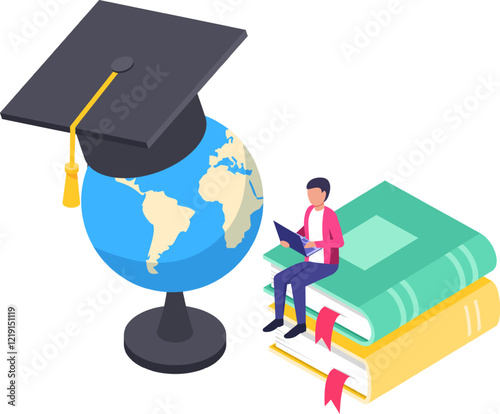 International student learning online using laptop sitting on books with graduation cap and world globe representing global education and knowledge