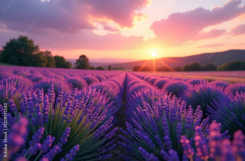 Naklejka premium Lavender fields at sunset with vibrant purple blooms and scenic horizon