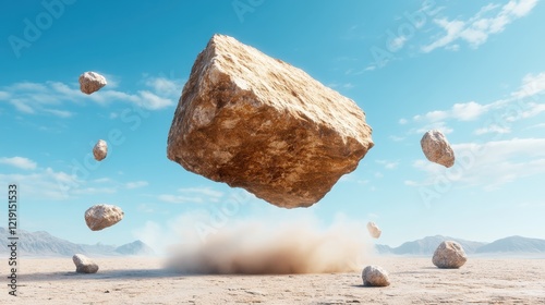 A captivating scene depicting a large stone hovering above a dusty terrain, enveloped in swirling dust, evoking a sense of awe and the mysteries of nature's forces at work. photo