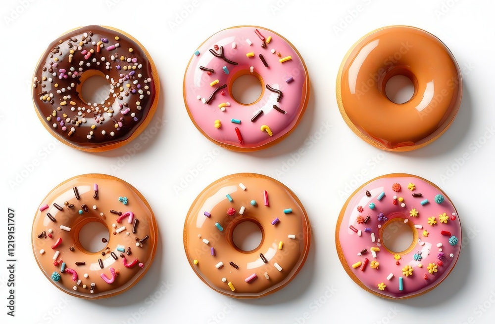 Fototapeta premium Assorted glazed donuts with sprinkles on white background