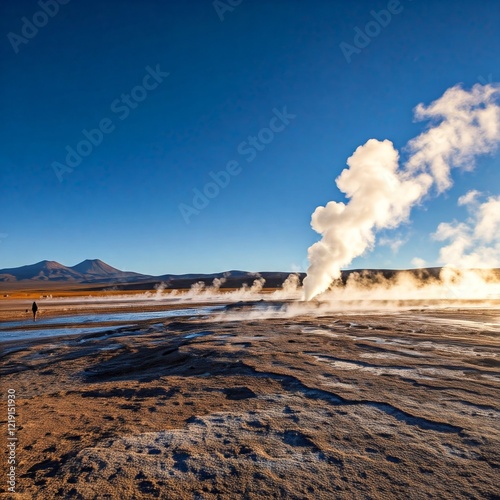 A sweeping view of the El Tatio geysers in the Atacama Desert, with steam rising against a cold morning sky.
 photo