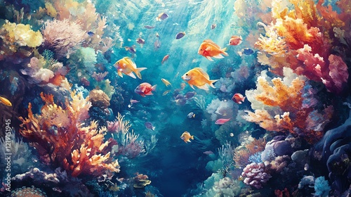 A vibrant underwater scene showcasing a variety of colorful corals and fish swimming gracefully through the crystal-clear water, highlighting the beauty and diversity of marine lif photo