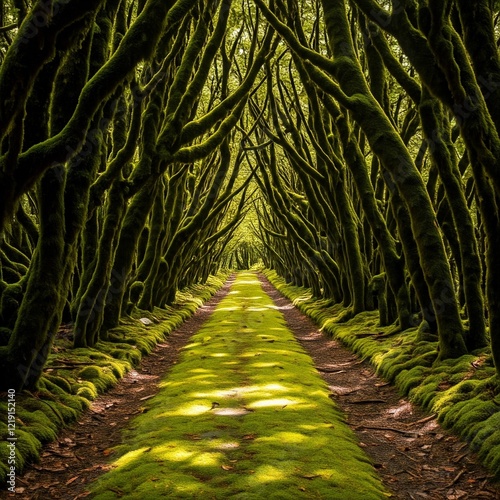 A tranquil forest path in the Chiloé Archipelago, covered in moss and surrounded by ancient trees with rays of sunlight breaking through.
 photo