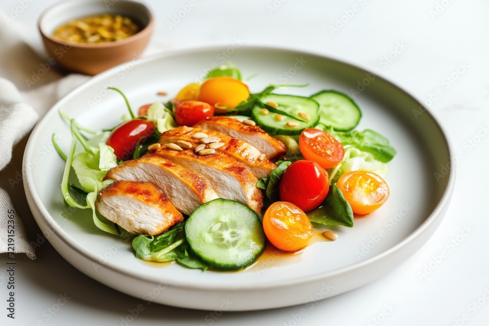 Fresh garden salad with grilled chicken, cherry tomatoes, and cucumber on a white ceramic plate Fresh garden salad with grilled chicken, cherry tomatoes, and cucumber on a white ceramic plate