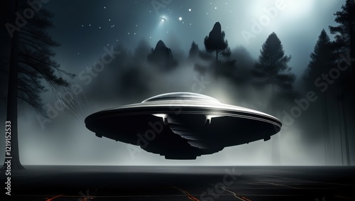 Wallpaper Mural UFO, flying saucer, alien spacecraft, night sky, dark forest, misty atmosphere, eerie glow, sci-fi scene, mysterious lights, mountain silhouette, cinematic, dramatic lighting, extraterrestrial encount Torontodigital.ca