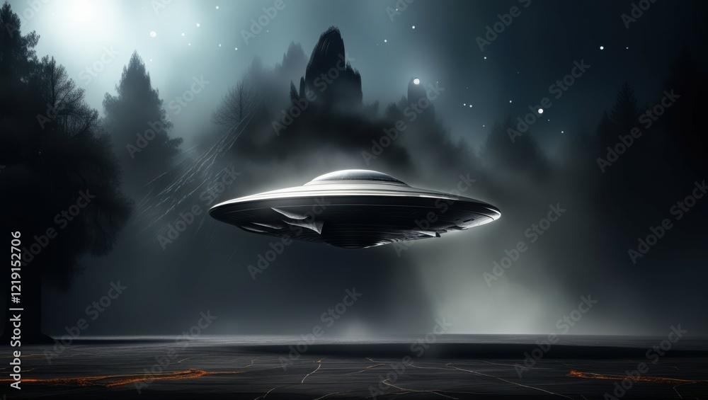 Obraz premium UFO, flying saucer, alien spacecraft, night sky, dark forest, misty atmosphere, eerie glow, sci-fi scene, mysterious lights, mountain silhouette, cinematic, dramatic lighting, extraterrestrial encount