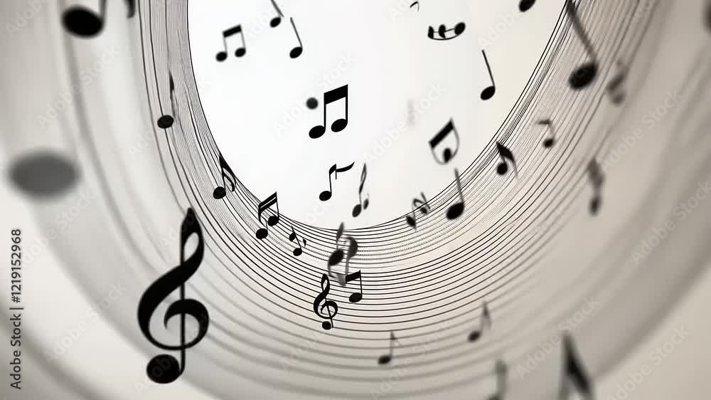 Abstract swirling musical notes, a dynamic visual representation of music.