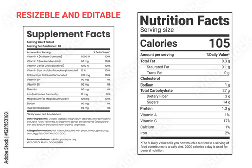 Supplement facts and vitamin facts template, nutrition facts template
