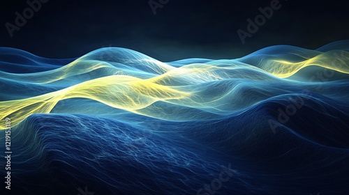 A soft abstract composition with flowing waves of blue and yellow light, gently merging into each other over a dark, serene backdrop