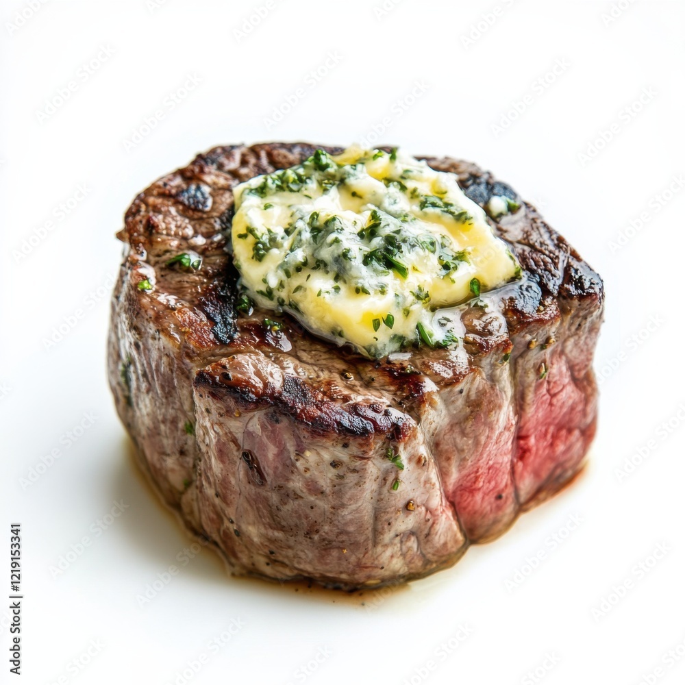 A gourmet beef tenderloin steak with herb butter, isolated white background, cubist art style A gourmet beef tenderloin steak with herb butter, isolated white background, cubist art style