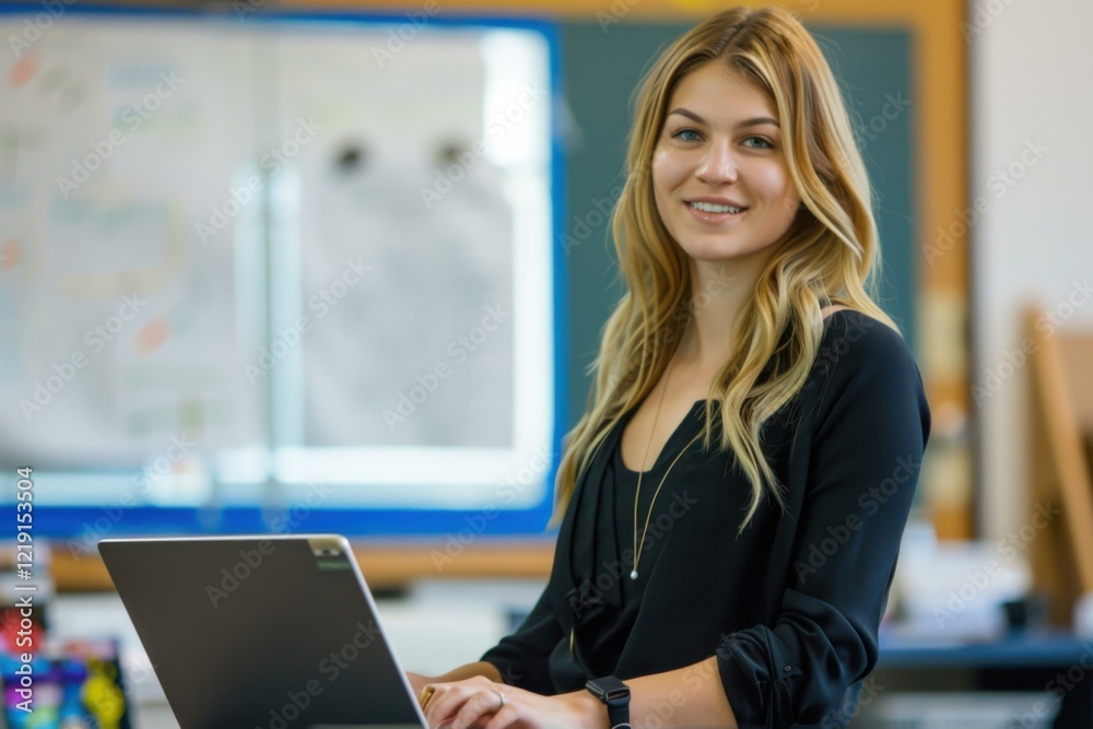 Obraz premium Smiling Young Woman Blonde Hair Working Laptop Modern Office - Business Success Concept