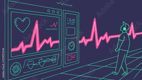 Concept of heart cardiogram. Heart work diagram on screen
