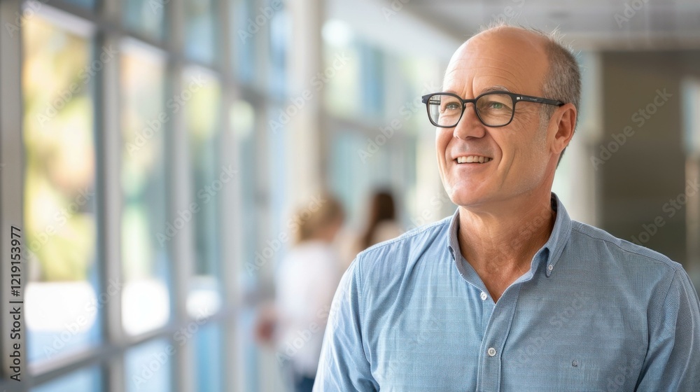 Smiling Middle Aged Caucasian Man Blue Shirt Glasses Looking Away Modern Office Setting Smiling Middle Aged Caucasian Man Blue Shirt Glasses Looking Away Modern Office Setting