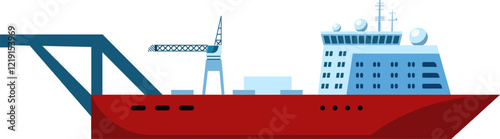 Detailed illustration of a modern cargo ship featuring a prominent industrial crane. The design highlights the ship s structure and maritime technology, emphasizing transportation and shipping