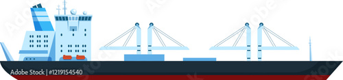 Container ship sailing on white background, equipped with cranes for loading and unloading goods, ideal for maritime transport and international trade concepts