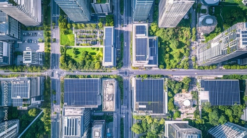 Net zero carbon policy. Aerial view of a modern urban area featuring high-rise buildings, green spaces, and solar panels on rooftops.