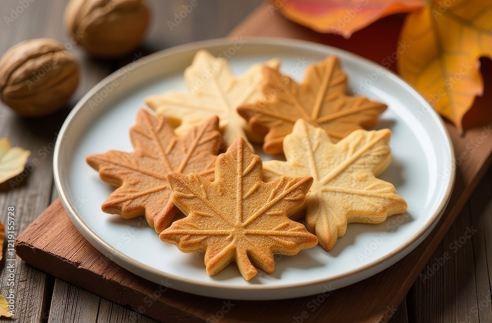 Autumn maple leaf cookies on plate with walnuts and fall leaves Autumn maple leaf cookies on plate with walnuts and fall leaves